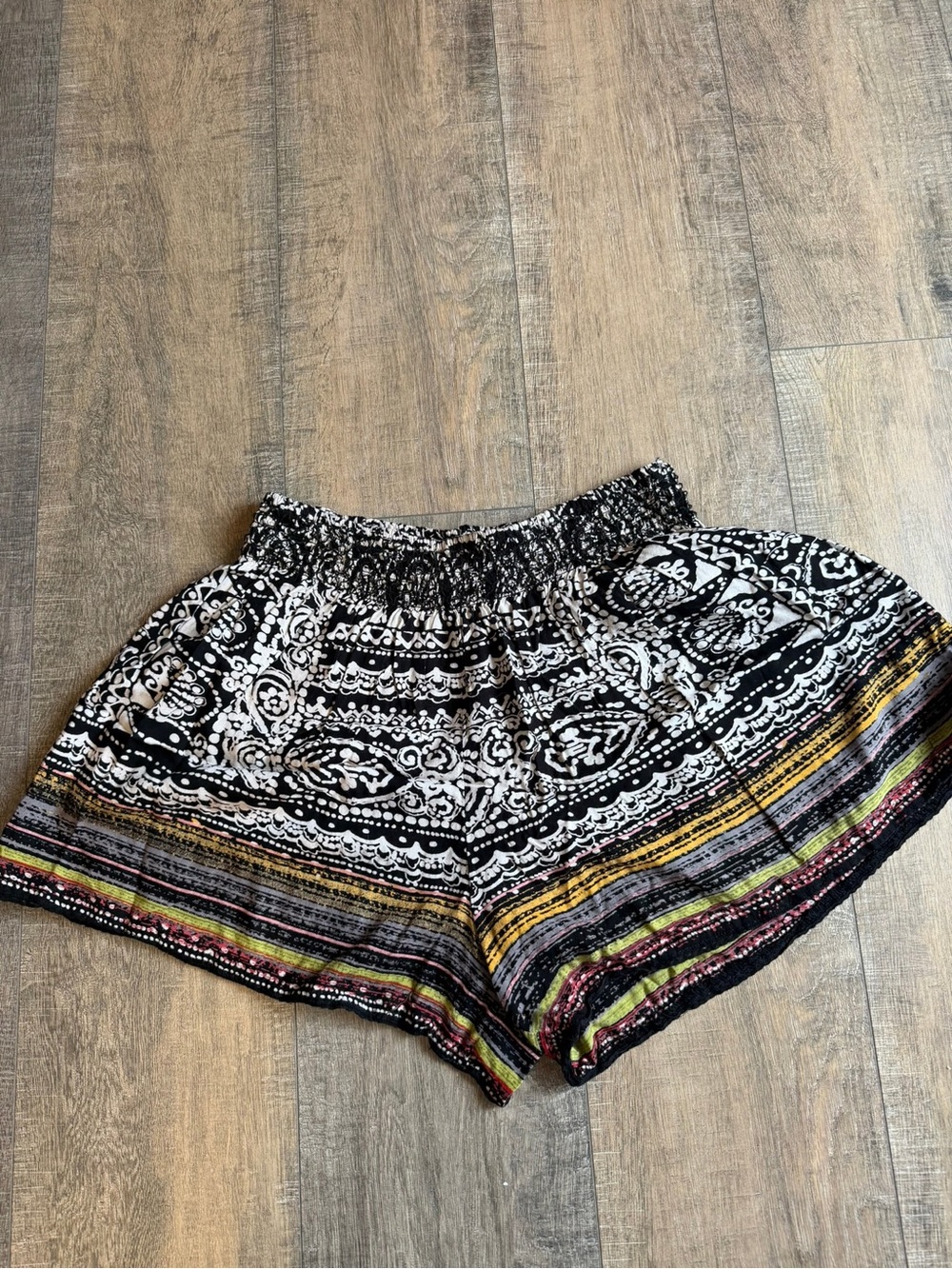 Angie Black & White Printed High-Waist Shorts with Multicolor Stripe Hem